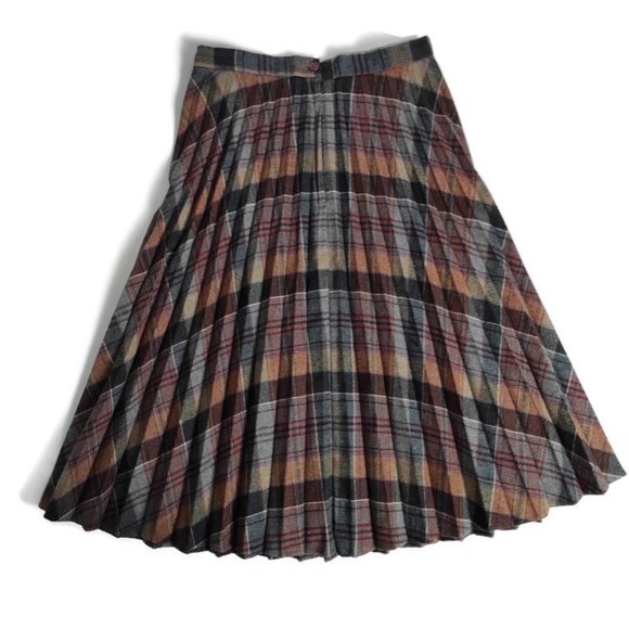 Pleated Tartan Midi Skirt Plaid Wool Blend Vintage 70s Burgundy Blue Small - Picture 1 of 11